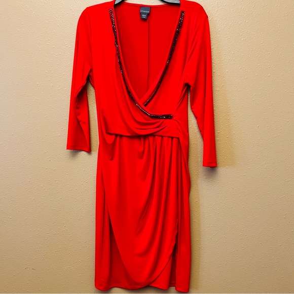 Covington Red Faux Wrap Style Jeweled Neck Dress, Size M - Picture 1 of 8